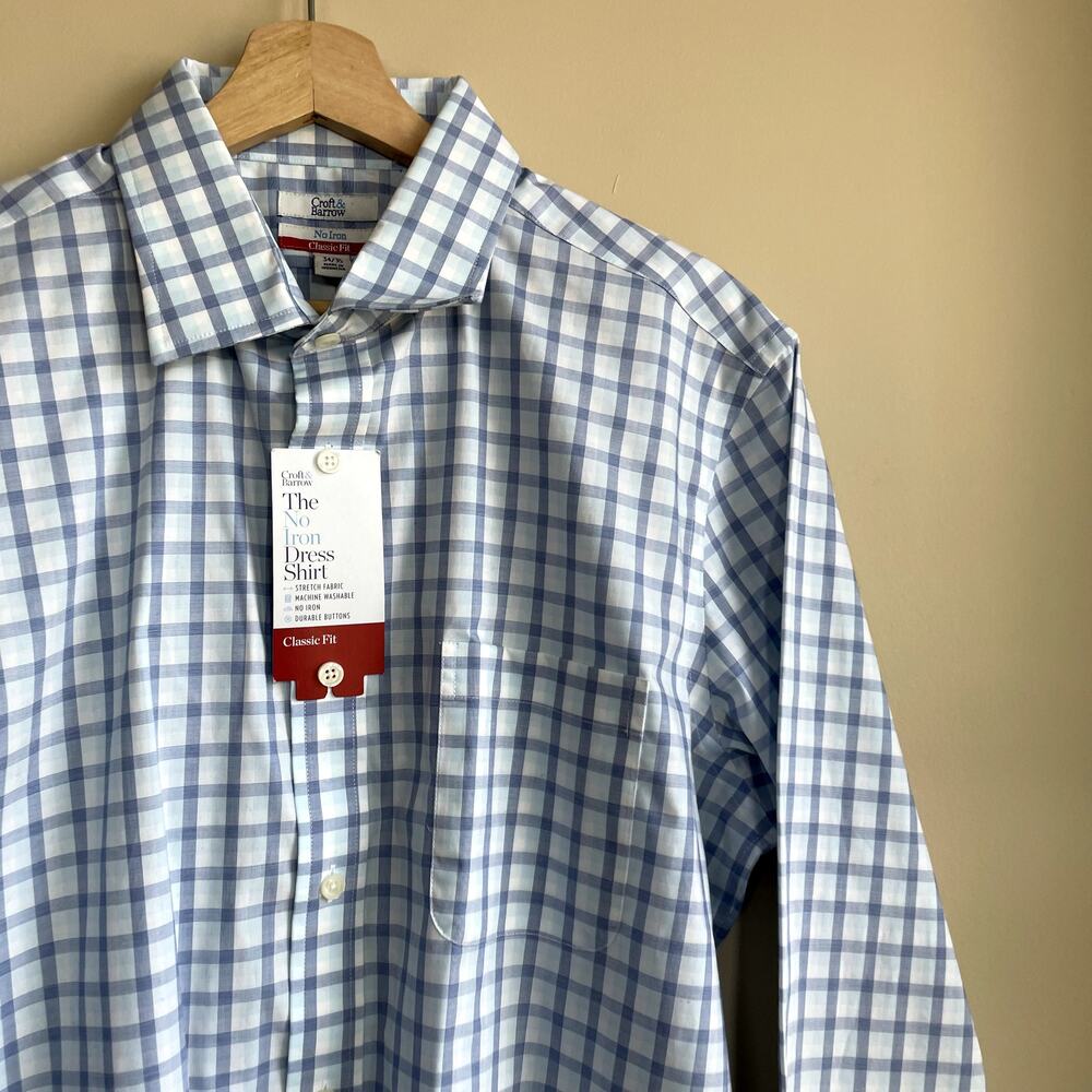 NWT Croft & Barrow blue white checkered button down shirt men's size 16.5 34/35 - Picture 2 of 8